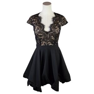 Luxxel Black Lace Illusion Fit & Flare Dress Bubble Hem Juniors M Party Formal